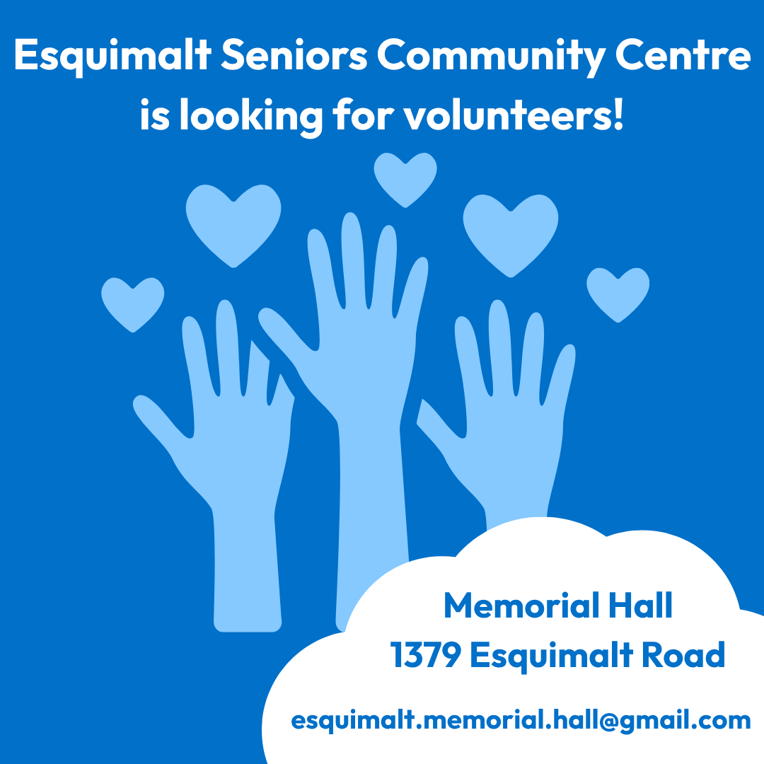 EsquimaltRec's tweet photo. Esquimalt Seniors Community Centre is looking for volunteers! Located at 1379 Esquimalt Road in Memorial Hall, they're in need of people to help organize their programs. For more information, please contact them at esquimalt. memorial. hall@gmail.com. https://t.co/XvkYncReuW