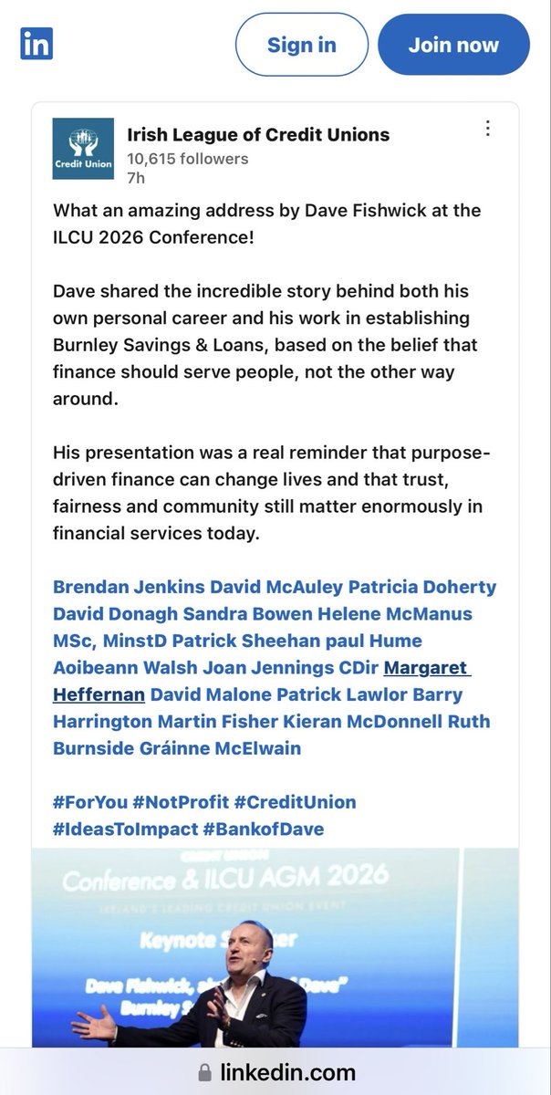 FishwickDavid's tweet photo. Fantastic to be invited to Ireland this week. I shared our work in establishing Burnley Savings & Loans, based on the belief that finance should serve people, not the other way around. I spoke about how purpose-driven finance can change lives and that trust, fairness and community still matter enormously in financial services today. 
It was great to meet politicians, ministers, community lenders, regulators and all the members of the amazing Irish League of Credit Unions, who have a combined 16 Billion to lend.
#BankofDave