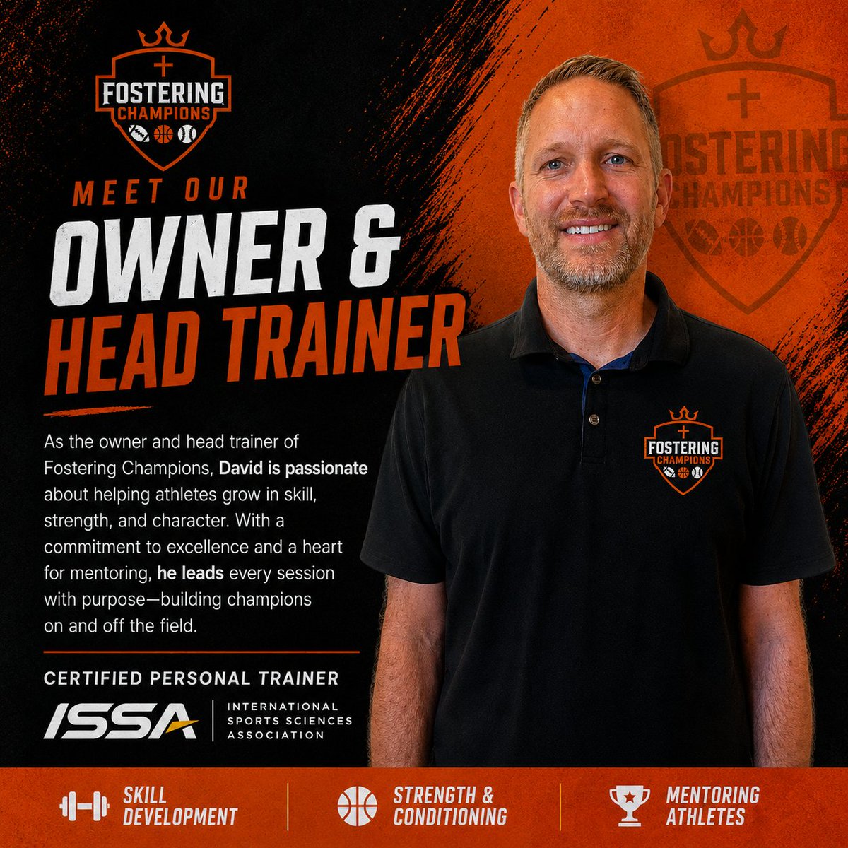 FCcoaching5's tweet photo. Meet the owner &amp; head trainer behind Fostering Champions.

David is passionate about developing athletes in skill, strength, and character. Certified through ISSA and committed to building champions on and off the field. 
 #ISSACertified #AthleteDevelopment #SpeedandAgility https://t.co/3qhiCUS0sL