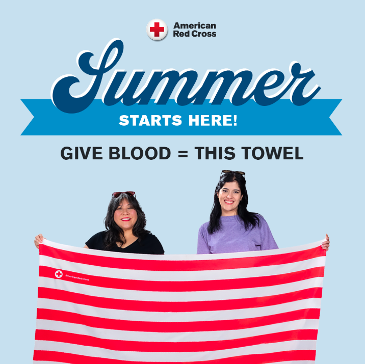 RedCrossNW's tweet photo. Sunshine season is ramping up — and so is the need for blood. Step in and come to give May 18-31 and take home the exclusive Red Cross beach towel for all your summer fun, while they last. You make a difference. Schedule your donation: https://t.co/qfUCpqHBXM https://t.co/jaDRQJAFvk