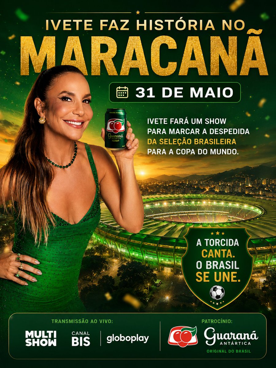 IveteNightClub's tweet photo. Ivete vai comandar a festa no Maracanã! 🇧🇷✨

No dia 31 de maio, a cantora fará um show especial para marcar a despedida da Seleção Brasileira rumo à Copa do Mundo.

📺 Ao vivo no Multishow, Canal BIS e Globoplay.
#Ivete #Maracanã #SeleçãoBrasileira https://t.co/OzXAs5TjmW