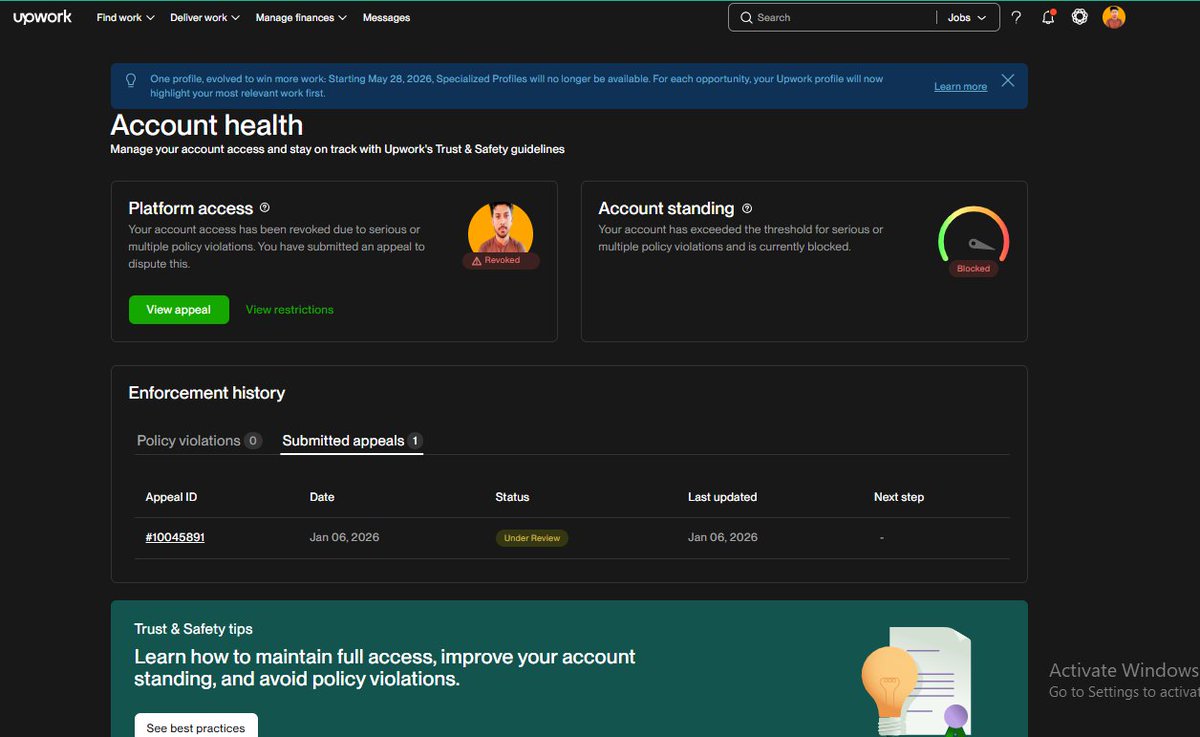 captainjack1279's tweet photo. Hi @UpworkHelp, my account appeal (ID: #10045891) is stuck 'Under Review' since Jan 06, 2026. It's been 4+ months with no update. I've also lost access due to a forgotten security question today. Please escalate to Trust &amp; Safety. Email: ahmadmalick87@gmail.com. Thanks! https://t.co/J5CB3lh7EP