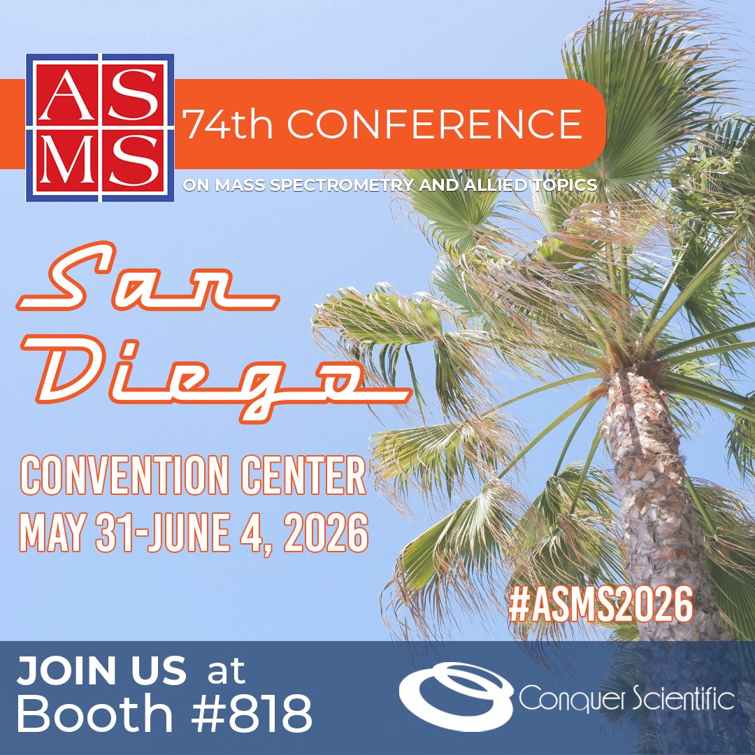 ConquerSci's tweet photo. Two weeks until ASMS 2026 — is your schedule packed yet? Make sure to carve out time to stop by the Conquer Scientific booth. Our team will be on hand to talk instruments, service, and everything in between. #ASMS2026 #MassSpec #ScientificInstruments #LabEquipment https://t.co/8cNYWjSZsS