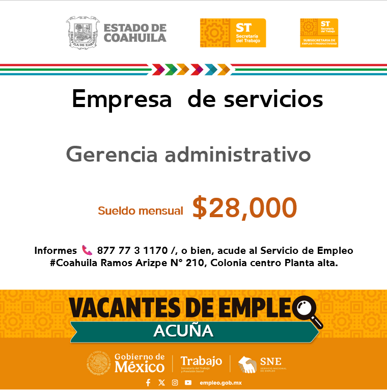 SNEACUNA's tweet photo. 📢Vacante de empleo en #RegiónNorte  #Acuña
      
📌 Servicio de Empleo #Acuña
 📍 Dirección: Ramos Arizpe  N° 210 esquina con calle Lerdo, planta alta, Zona Centro
📞 Informes: 877 77 3 11 70

Contáctanos hoy mismo.  
#Coahuila https://t.co/GgTaYPT2vR