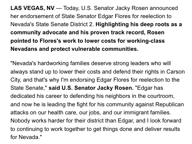 SteveSebelius's tweet photo. Nevada U.S. Sen. @SenJackyRosen has endorsed @EdgarFloresNV for re-election. MORE: https://t.co/MEiLBuH4E7