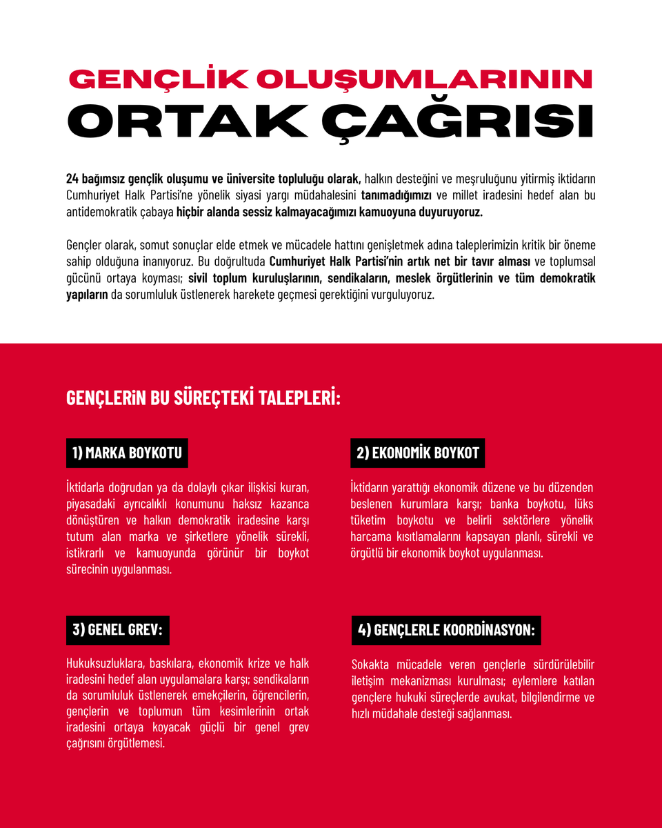 kolektifgenclik's tweet photo. 24 GENÇLİK OLUŞUMUNUN ORTAK ÇAĞRISIDIR!

Genel boykot, genel grev, genel direniş!

Somut sonuçlar elde etmek ve mücadele hattını genişletmek adına, gençler olarak Cumhuriyet Halk Partisi'ne yönelik talep ve önerilerimizin kritik bir öneme sahip olduğuna inanıyoruz ve kamuoyuyla paylaşıyoruz.