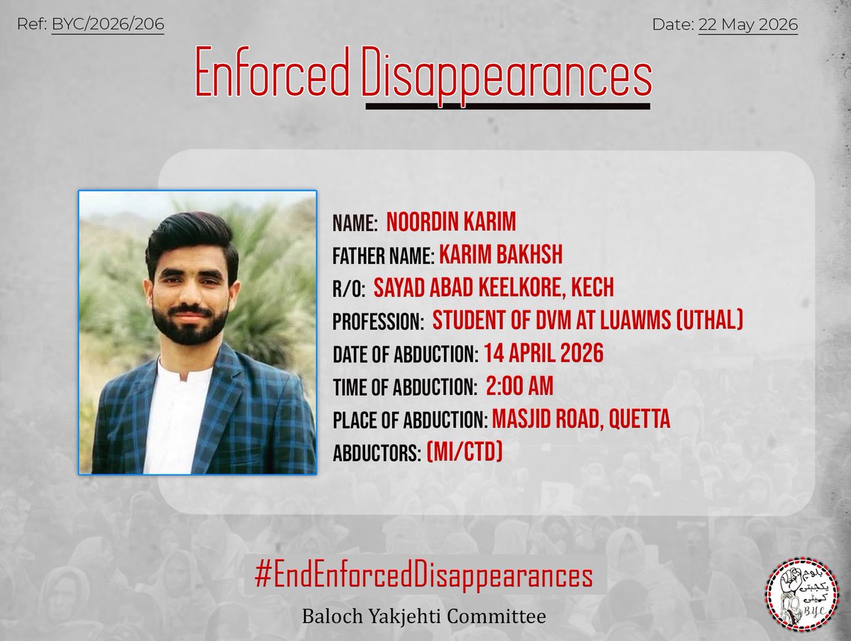 BalochYakjehtiC's tweet photo. 𝗘𝗻𝗱 𝗘𝗻𝗳𝗼𝗿𝗰𝗲𝗱 𝗗𝗶𝘀𝗮𝗽𝗽𝗲𝗮𝗿𝗮𝗻𝗰𝗲𝘀!

#EndEnforcedDisappearances
#StopBalochGenocide https://t.co/xoEMMqgC7Y