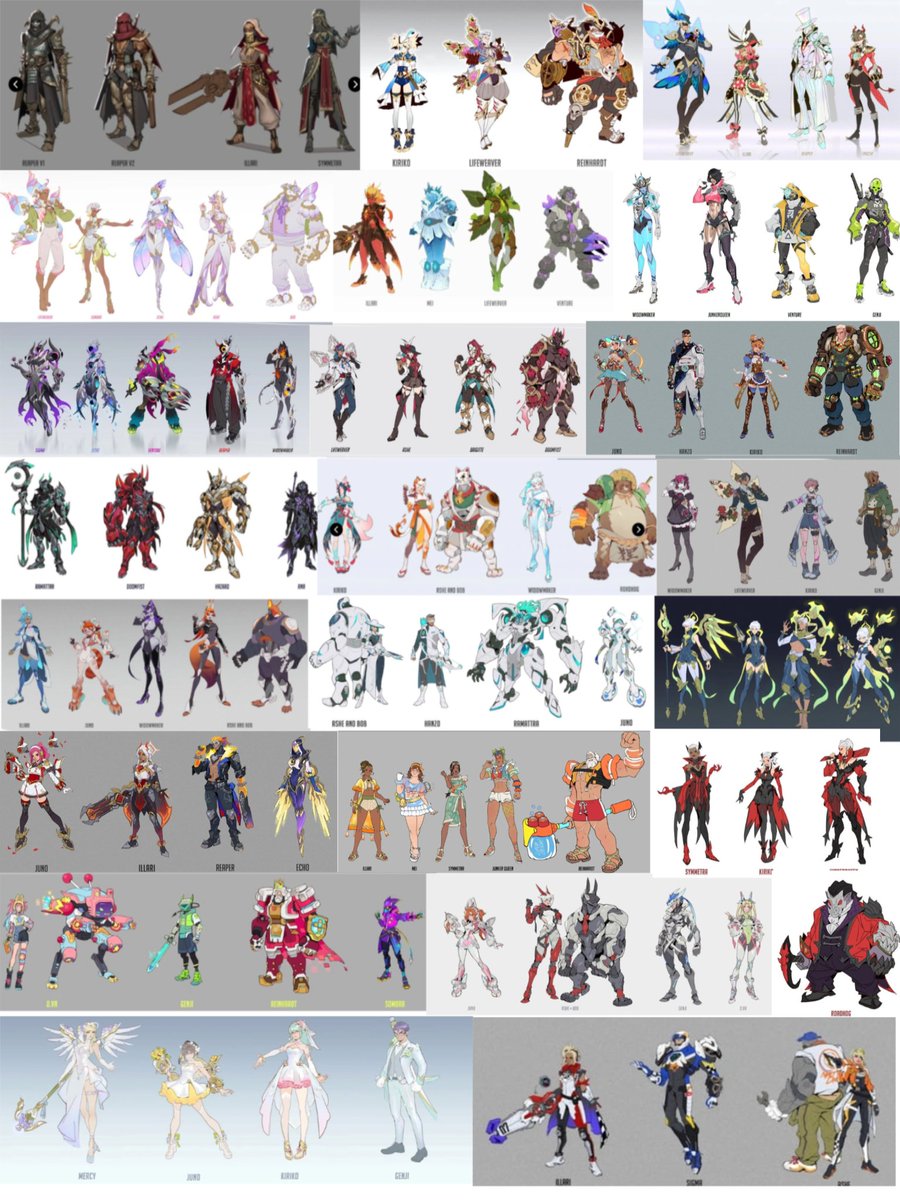 ILoveDVAOW's tweet photo. I ended up in a discussion about OW concept skins with someone who was desperate to convince me we get loads of the concepts ingame (enough to qualify telling people we are getting a sombra concept) so here's all the concepts in comparison to what we've actually had. CHECK REPLY. https://t.co/TgeKjnYOf3