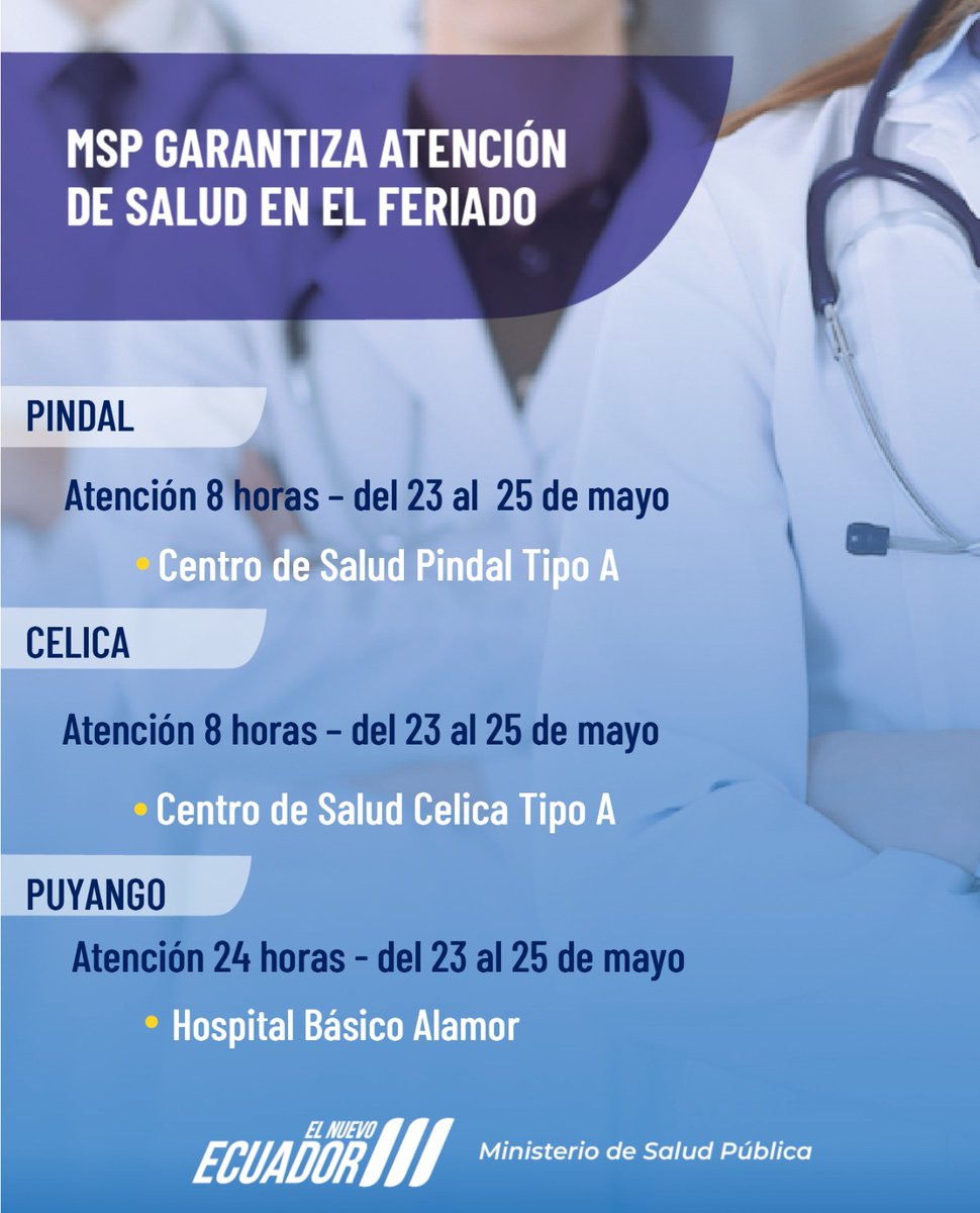 Salud_Loja's tweet photo. #MSPEnTerritorio | Atención activa en el feriado en #Pindal #Celica y #Puyango:

🏥 8h centros de salud
🏥 24h Hospital Alamor
La salud sigue en territorio en #ElNuevoEcuador https://t.co/kER4fAiQCw