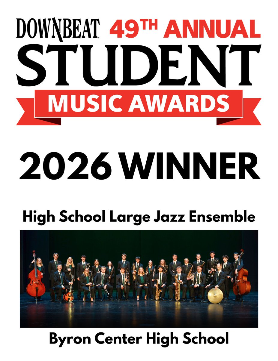 ByronCenterPS's tweet photo. The Byron Center Jazz Orchestra has been named a winner in the 2026 Downbeat Magazine Student Music Awards! 🎺🎶🎷

This is an incredible accomplishment that reflects the talent, dedication and hard work of our student musicians and their directors.

Congratulations! 🎼🐾🧡 https://t.co/poxZyd7TpU