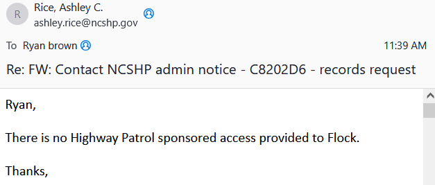 DeFlockNC's tweet photo. Update 5/22/2026: The @NCSHP still apparently does not understand how to answer simple questions with simple answers. https://t.co/z9qV8zYgPo