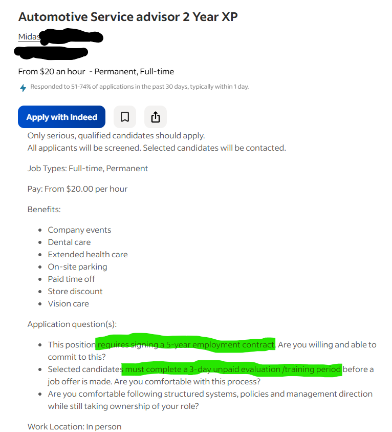 RabidTicat's tweet photo. Two dollars above minimum wage.

Three days, unpaid labour. (Pssst. I don't think that's legal.)

Bet you that contract doesn't have them suffer any consequences if they were to let you go before the termination of the contract. https://t.co/xf4v4S1nHE