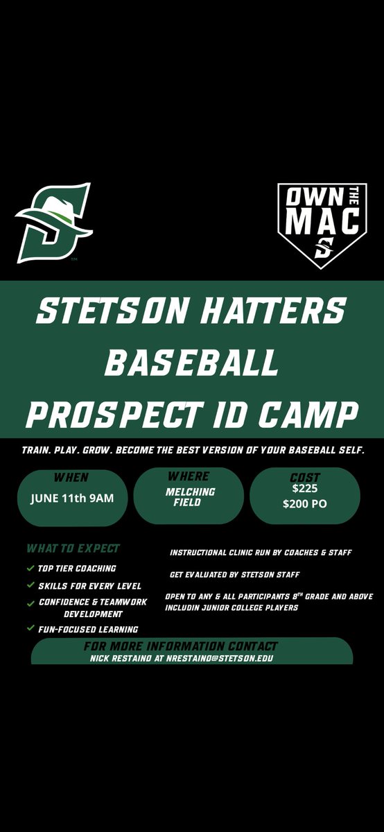 StetsonBaseball's tweet photo. Start your summer with the Hatters, register for the June Prospect camp!!
Details below …. https://t.co/Dd5BTO2UId