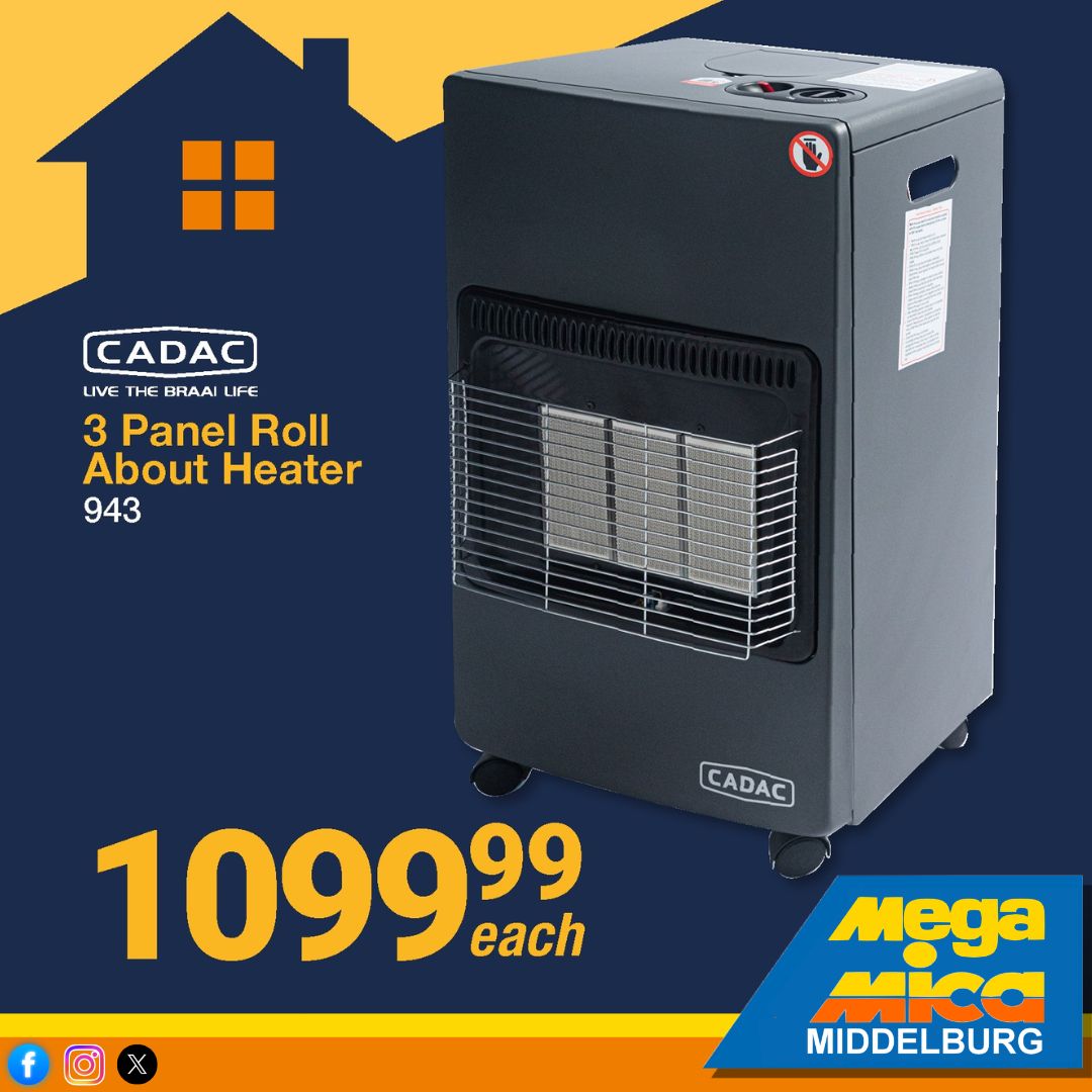 MIDMiCA's tweet photo. Warm up your home with Mica’s #MakeItWithMica Together At Home Deals! 📷📷
Grab the CADAC 3 Panel Roll About Heater for only R1099.99 each — cosy comfort made easy.
📷 19 – 31 May 2026
📷 Click the link to view the full promotional leaflet: https://t.co/NafPb3bBxX https://t.co/IRGjjORIbv