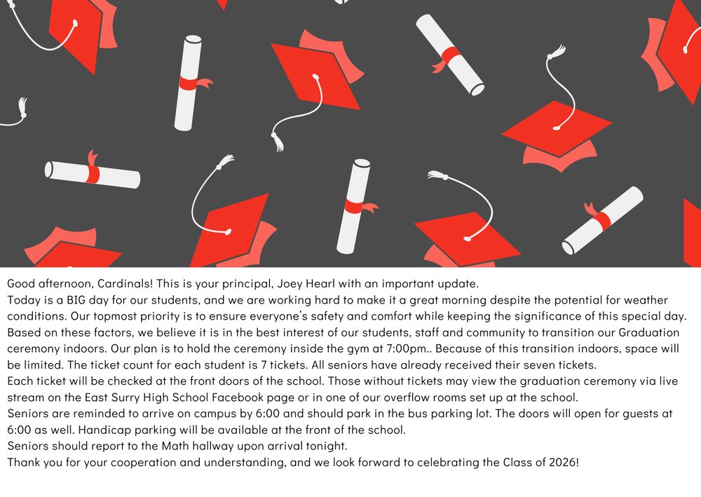 eastsurryhs's tweet photo. ATTENTION:  TONIGHT'S ESHS' GRADUATION CEREMONY WILL NOW BE HELD INDOORS!!  PLEASE SEE THE BELOW INFORMATION: https://t.co/CV4YKyrVsm https://t.co/aVqVS6qzlz