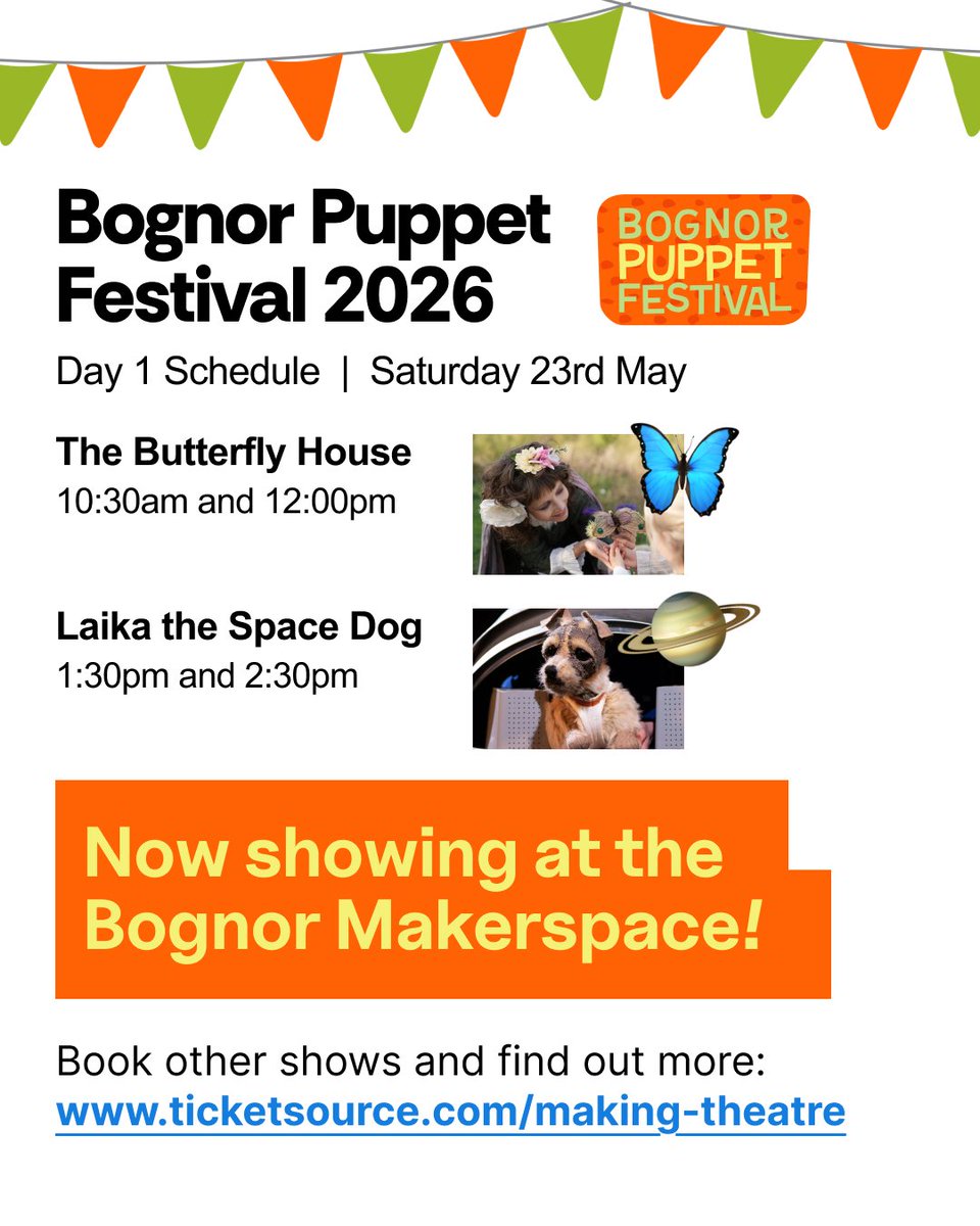 MakingTheatreGS's tweet photo. A reminder to everyone attending the Bognor Puppet Festival tomorrow—shows are now taking place at the @bognor_make as the Bognor Library garden is closed atm. ⚠️🦋🚀
We're still excited to bring you two great shows by the brilliant HandMade Theatre and @Lori_Hopkins! https://t.co/vyiy9Wb4vT