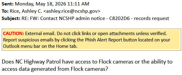 DeFlockNC's tweet photo. Update 5/22/2026: The @NCSHP still apparently does not understand how to answer simple questions with simple answers.

#ncpol https://t.co/eTp9n0zWhK