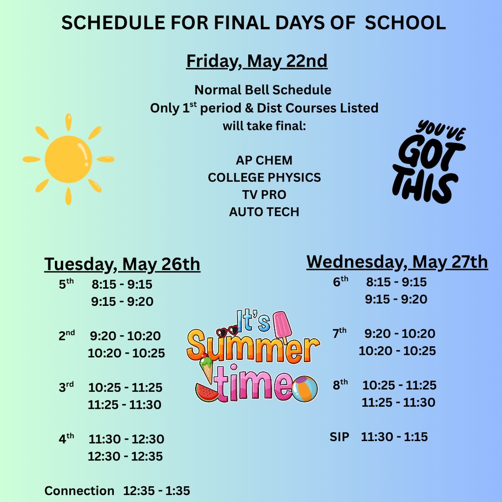 ExperienceOFHS's tweet photo. Happy Friday &amp; Happy 3-Day Weekend Bengals!
Enjoy this weekend - relax, study &amp; come back on Tuesday refreshed &amp; ready to crush your last 2 days of the school year!
Check out the schedule for Tuesday &amp; Wednesday.
#TheBengalWay
#Summer https://t.co/4r4kj24bYF