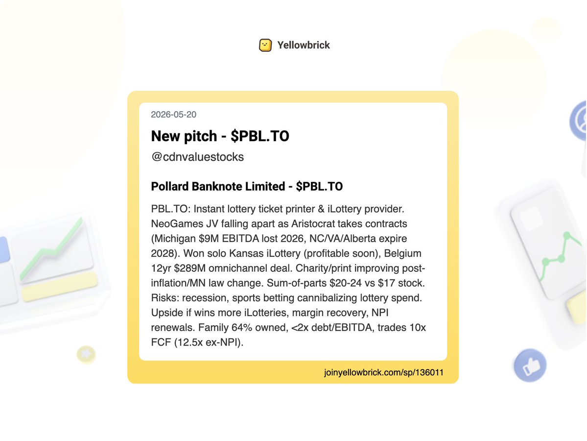 joinyellowbrick's tweet photo. Added 78 new stock write-ups to the site (pt final):
@__MattLindsay (watchlist) - $PLBY, $KITS.TO
@BlokeOak57182 - $RGL.L
@cdnvaluestocks - $PBL.TO
@TokStocks - $FMN.V
@norbucap - $AS (earnings)
fund letters
and more... https://t.co/DQpqYFO6nj