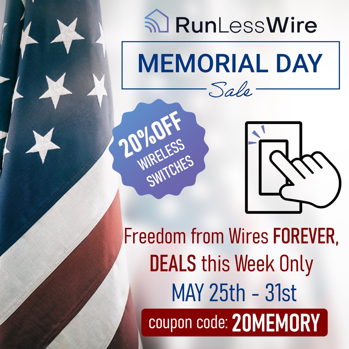 RunLessWire's tweet photo. 📷Memorial Day Sale is LIVE! Save 20% on wireless, battery-free light switches — no wiring, no batteries, no excuses. Shop now! Sale ends May 31st.
#wirelessswitches #MemorialDay #runlesswire #freedom #HomeImprovement #homeimprovementprojects #wirelesslightswitches #kineticenergy https://t.co/FY7qUrItCY