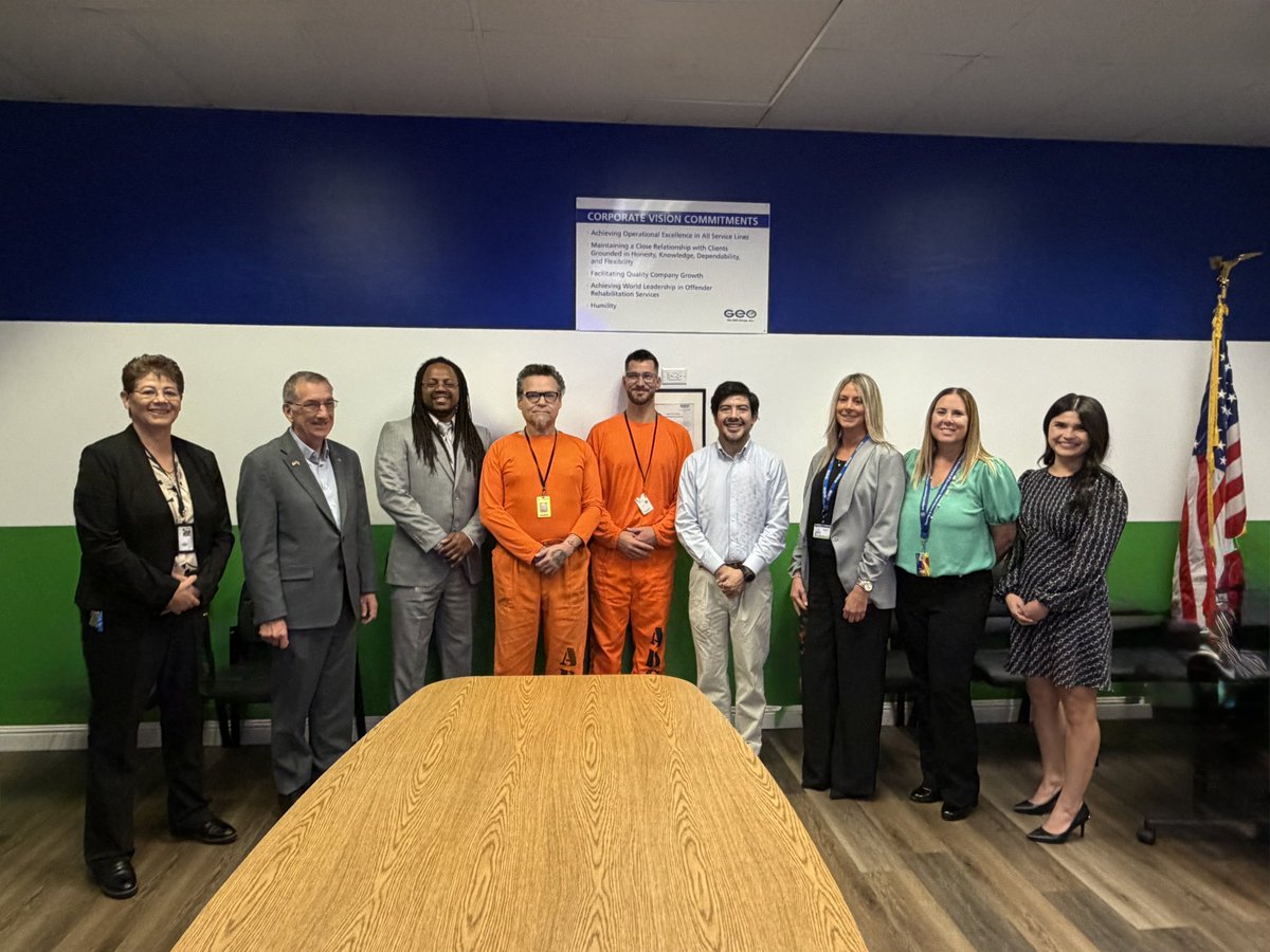 WeAreGeo's tweet photo. This week, GEO’s Post-Release Case Managers met with soon to be released inmates at our Phoenix West Facility. They were joined by AZ Senate President Warren Peterson and AZ Governor’s Deputy Chief of Staff Larry Sandigo, who continue to be supportive of GEO’s programs. https://t.co/PaiJbomcov