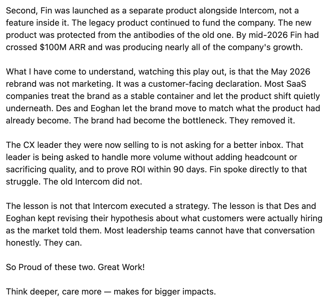 eoghan's tweet photo. This is an excellent analysis of our name change by one of the greatest living business theorists, @bmoesta. Obviously, it's an epic glaze of @destraynor and I, but I'm sharing more just as an educational perspective on our decision. He describes this through his lens of jobs-to-be-done, and the essential point is that for software companies to stay relevant and alive, they may need to think about solving a higher-level job with AI rather than just enhancing their existing solution to solve the same job. This is where basically all software is failing at the moment, in my opinion.