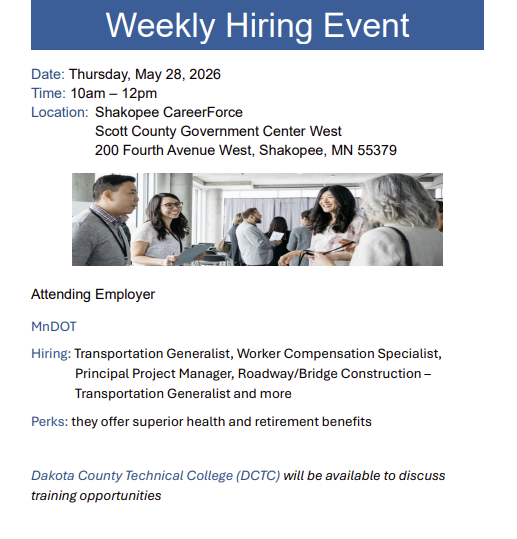 ScottCountyMN's tweet photo. Weekly Onsite Hiring Event: MnDOT
Thursday, May 28, 10 AM – 12 noon
Shakopee CareerForce
Scott County Government Center West
200 Fourth Avenue West, Shakopee, MN 55379

For more information, visit
https://t.co/bRLuSOFkUE https://t.co/iN2zrapmT3