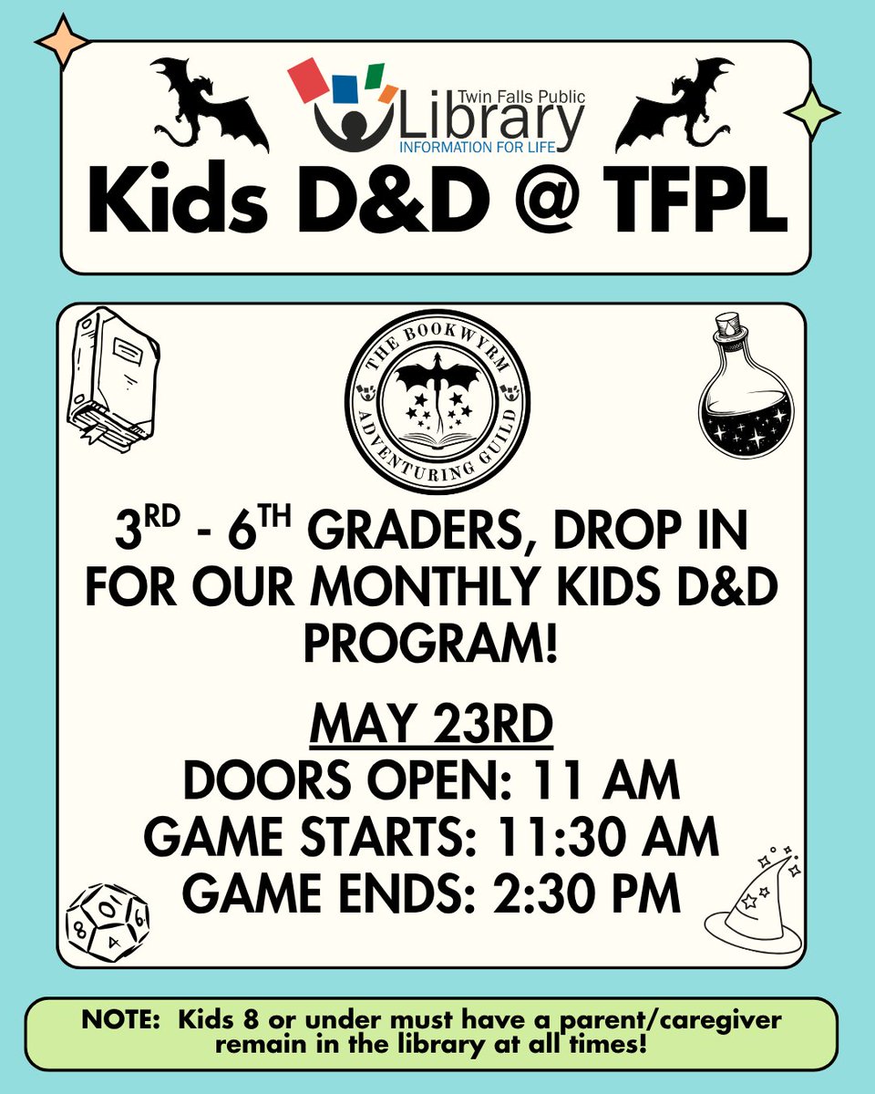 tfpl2's tweet photo. Kids in 3rd-6th grade, come by for Dungeons &amp; Dragons at TFPL tomorrow, May 23rd. Doors open at 11 am, game play starts at 11:30 am, and we stop at 2:30 pm. Beginners are more than welcome! Reminder: Kids 8 and under must have a parent/caregiver remain in the library. https://t.co/N5ij2xspOk