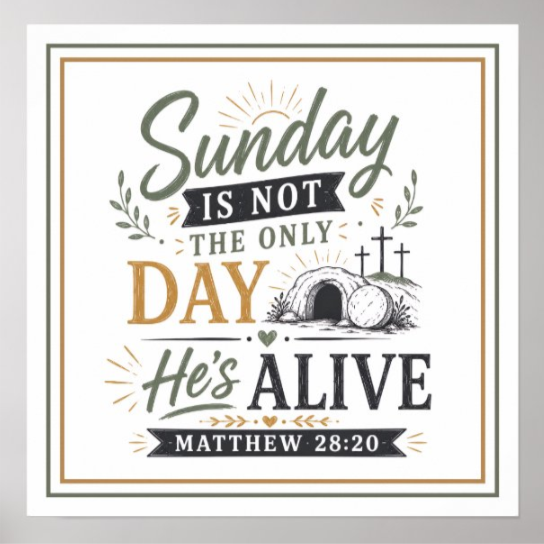 NickOlahJohn's tweet photo. Sunday Is Not The Only Day He's Alive.
https://t.co/FFEiVuHpCh
Christian quote poster rooted in Matthew 28:20 β He is with you always, Monday through Sunday, every hard day and every good one. #ChristianQuote #JesusAlive #FaithDecor https://t.co/PtCEVFjiwF