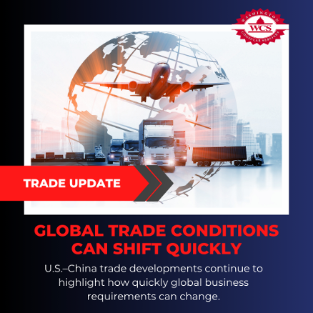 WcsExpress's tweet photo. 🌍U.S.–China trade shifts show how fast global business requirements can change. Preparation, compliance, and proper documentation help keep international operations moving forward. 📄✅

Read more: https://t.co/LUXvUWgxCG

#DocumentAuthentication #GlobalTrade https://t.co/k0Xwa6YDmW