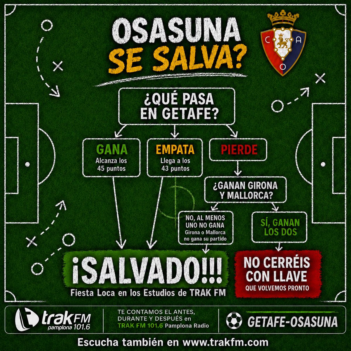 TRAK_FM's tweet photo. No hagas más números, hermos@,.,.aqui tienes la chuleta definitiva.,. copiala, envíala, haz pantallazo, haz foto, guardala ..toda la info para el partido de @caosasuna. SABADO DESDE LAS 20 HORAS arranca la retransmision deportiva en el 101.6 FM Pamplona https://t.co/bH5ceVIByv https://t.co/Liem8gooig