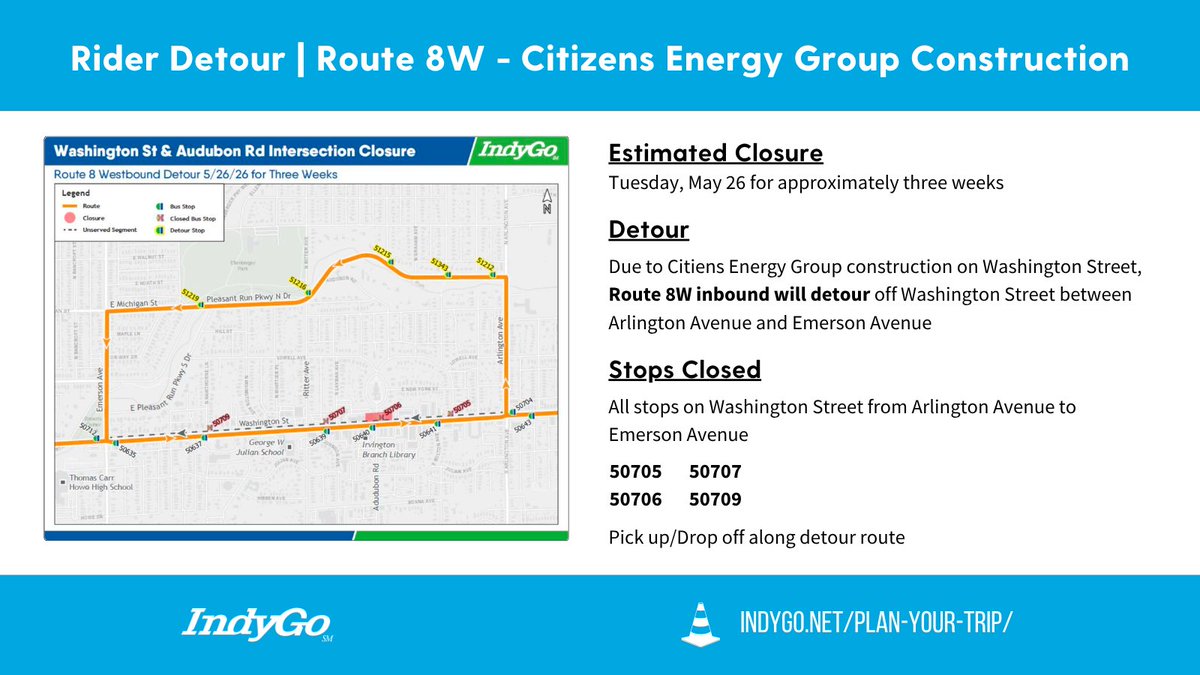 IndyGoAlerts's tweet photo. 🚨 RIDER DETOUR 🚨 Due to Citizens Energy Group construction, May 26, Route 8W inbound will detour for approximately three weeks onto Arlington Ave. to Pleasant Run Parkway N Dr. into Michigan St., then Emerson Ave. to Washington St.
➡️ https://t.co/ehNmvLnioZ https://t.co/TkIuZJUYIC