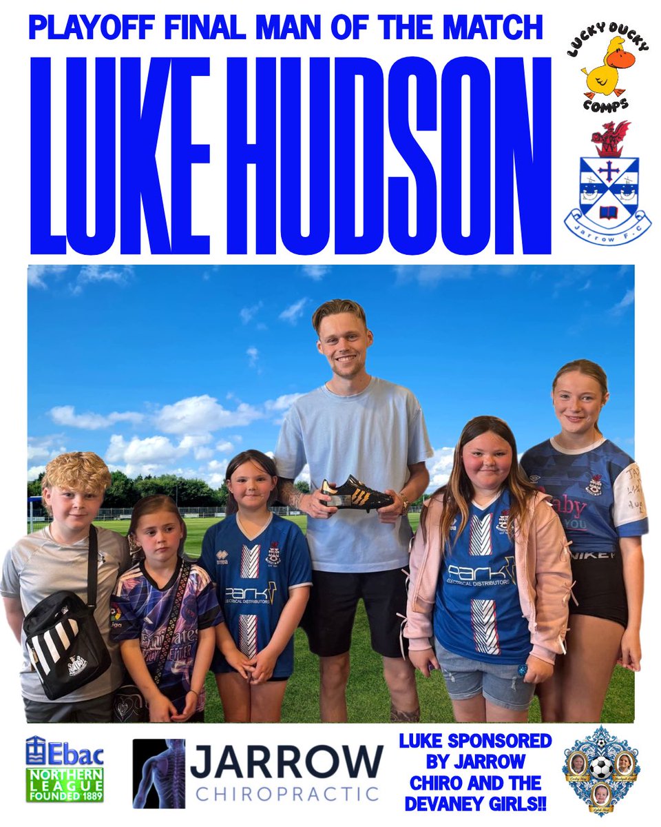 jarrow_fc's tweet photo. PLAYOFF MOTM!! 🏆

🗣️ “As nominated by Lee Hughes from our sponsor the @RedHackleJarrow Luke Hudson was named MOTM for the playoff final for a brilliant captains performance!!”

#SupportYourLocalTeam 

⚽️⚪️🔵⚪️🔵⚽️ https://t.co/ghOFL3rfk5