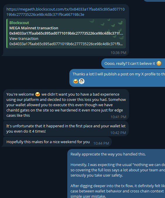HeliumTable's tweet photo. UPDATE:

The @kumbaya_xyz  team fully covered my 4 ETH loss.

Huge respect for the way they handled this situation.

After investigating, they confirmed the site already had chainId protections in place, but an edge case allowed execution through my wallet anyway. They also hardened the validation further to prevent similar scenarios in the future.

This turned out to be far more complex than a simple “user mistake”.

In an industry where most teams would ignore the issue, they stepped up and resolved it professionally.

Respect to the team 🙏