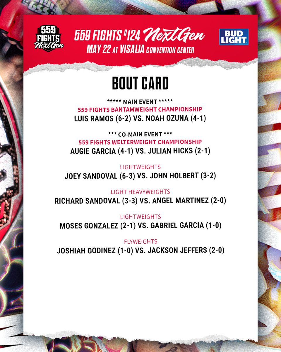 559Fights's tweet photo. 559 Fights Official Lineup!!! 

Catch 559 Fights 124 - "Next Gen 3" MMA Live @ Visalia Convention Center tonight!!! 

VIP Doors open at 430 
GA at 5 and fights start at 530 

Tickets available while they last online and at the Visalia Convention Center Box Office. 

Link - https://t.co/AOpJ9erv81