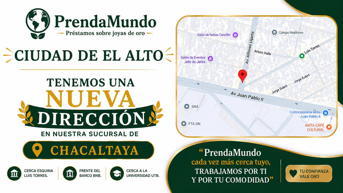 Prendamundo's tweet photo. 💎 Pensando en tu comodidad, estamos más cerca.
#prendamundo #prestamosobrejoyasdeoro #Bolivia #Prestamosseguros #joyasdeoro #Maximaseguridad #MásCercaDeTi https://t.co/eTjRC9cQOR