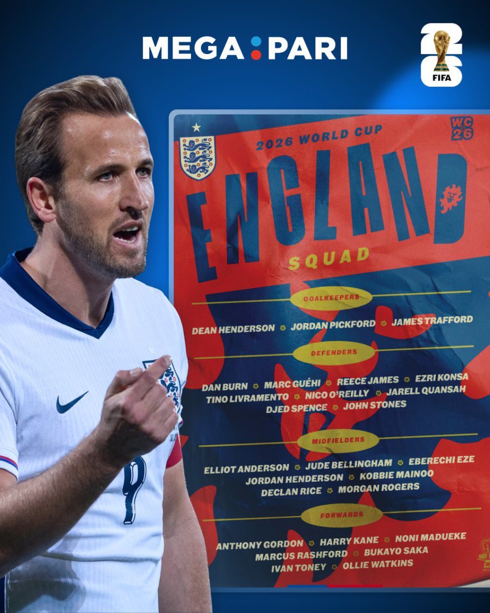 MegapariWorld's tweet photo. İngiltere Milli Takımı, 2026 Dünya Kupası'nda mücadele edeceği kadrosunu açıkladı. Trent Alexander-Arnold, Phil Foden, Cole Palmer ve Harry Maguire listede yer almadı.

#Megapari #Giriş #Kayıt ⬇️
📌 https://t.co/a1IpShzTX9 https://t.co/YasE1erohv