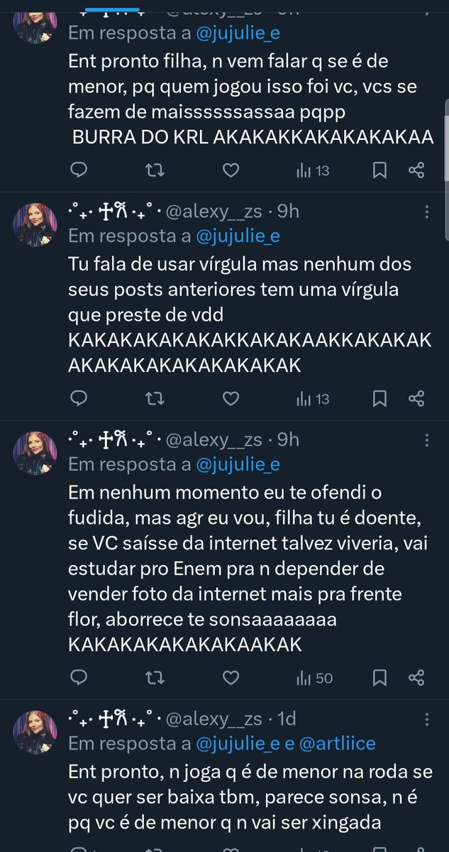 jujulie_e's tweet photo. @alexy__zs @VictorSubtraido Já vc não cabe só em um print de tanto que flodou as minhas mentions, fia. Vai continuar latindo aqui até quando? KKKKKKKKKKKKK mulher adulta e desempregada, essa hora deveria estar no clt e não enchendo o saco de alguém por causa de um post de mais de um mês atrás. https://t.co/d48NHRrmms