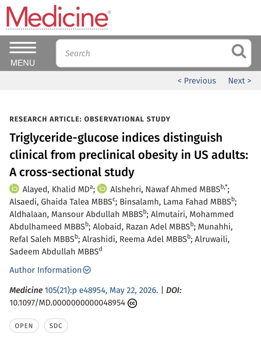 LamaFBS's tweet photo. Publication Alert ‼️

“Triglyceride-glucose indices distinguish clinical from preclinical obesity in US adults: A cross-sectional study”

Link:
https://t.co/JYMERq9Zi9

Grateful to all co-authors &amp; special thanks to Dr. @Ibnayedoon for the support throughout this project. https://t.co/Xf4e0qz1Qp