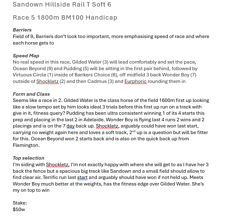theeachwayplay's tweet photo. Bets today good racing
Sandown:
R4 7. Shockletz $50w
R7 6. Narbold $35w $50p
R8 9. Brave One $15w $55p

Belmont
R9 14. Mississippi Dawn $25w $75p

Good Luck and happy punting all https://t.co/LMkhdjiKFe