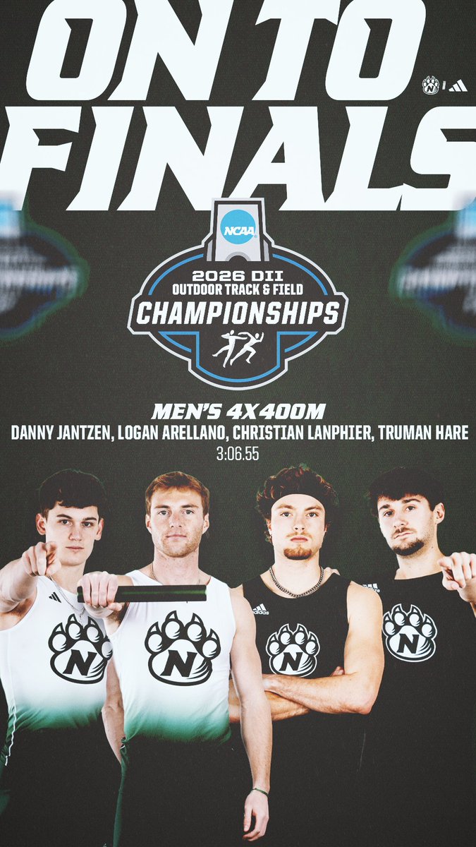 NWBearcatXCTF's tweet photo. 4x400m Prelims (M) ||| @NCAADII Outdoor Championships  
𝗗𝗮𝗻𝗻𝘆 𝗝𝗮𝗻𝘁𝘇𝗲𝗻, 𝗟𝗼𝗴𝗮𝗻 𝗔𝗿𝗲𝗹𝗹𝗮𝗻𝗼, 𝗖𝗵𝗿𝗶𝘀𝘁𝗶𝗮𝗻 𝗟𝗮𝗻𝗽𝗵𝗶𝗲𝗿, 𝗧𝗿𝘂𝗺𝗮𝗻 𝗛𝗮𝗿𝗲 ⮕ 𝘾𝙇𝙄𝙉𝘾𝙃𝙀𝘿‼️

Tomorrow's championship final is set for 7:20 p.m.

#OABAAB ||| #OneTeamOneDream https://t.co/xQ5eyF64Yj
