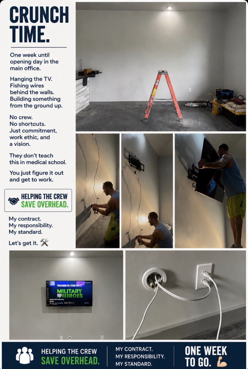 DrDadBuilder's tweet photo. Wall-to-wall hustle. 1 week out from opening the main office. 
Hanging TVs, fishing wires, helping build it from the ground up myself.

No crew. No excuses. Just standards.
Perfect timing before tip-off tonight to then clean the floors and watch the game!

One week to go.

#Urology
#PrivatePractice
#MedTwitter
#BuildInPublic
#Entrepreneur
#WorkEthic