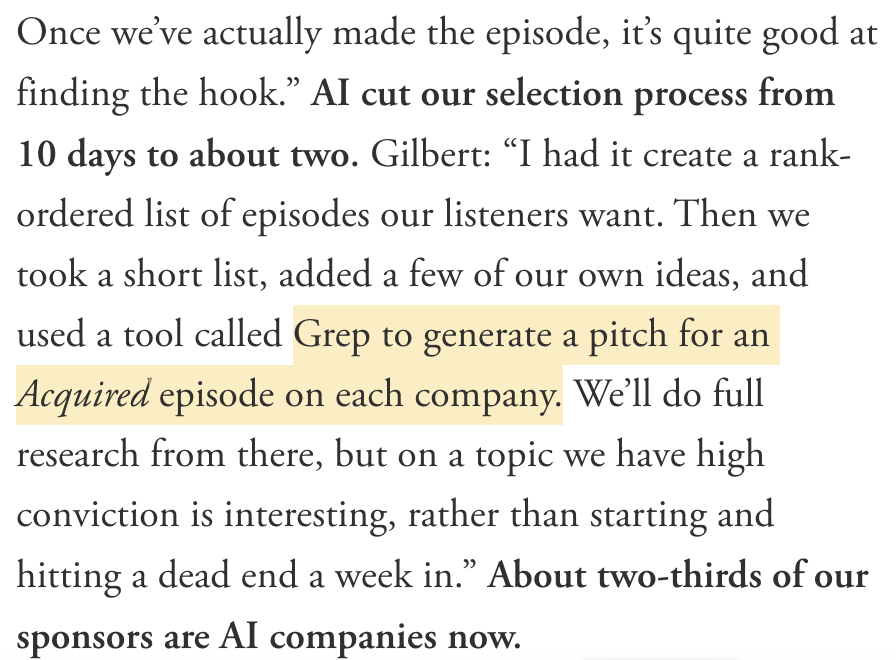 _aj's tweet photo. Awesome to see @gilbert sharing how they use @Grepdotai for episode research on @AcquiredFM in a  GQ article this week.

There are so many non-obvious use cases for doing deep research on a business, and Grep is the best at it. https://t.co/ZK2gPIH1es
