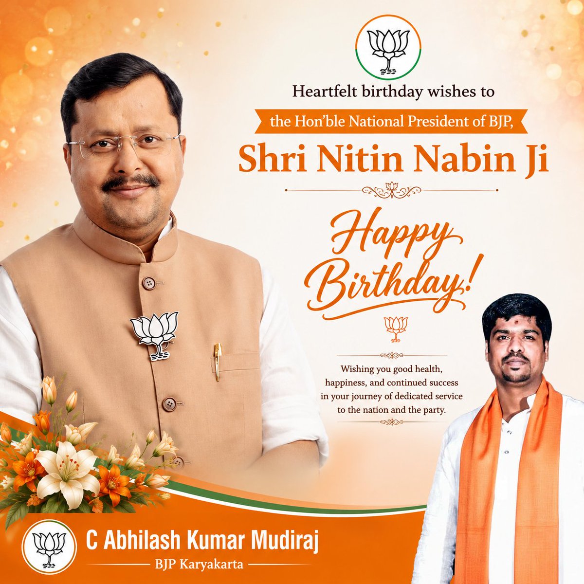 CAbhilashkumar's tweet photo. Heartfelt Birthday Wishes To The Hon'ble National President Of @BJP4India Shri @NitinNabin Ji. https://t.co/R7YmAy8a2v