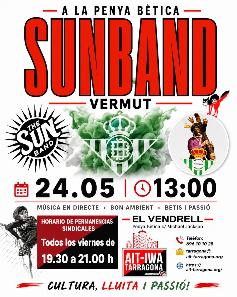 CamiNanTstgn's tweet photo. 🟥⬛��� 🔥 Vermut, música y sentimiento verdiblanco en El Vendrell 💚🤍

📍 Penya Bètica c/ Michael Jackson
📅 24.05 · 🕐 13:00
Cultura, lluita i passió.

#Sunband #Vermut #Betis #ElVendrell #PenyaBetica #CulturaPopular  #BonAmbient  #LaVozDeLosQueSobran
#AIT #IWA #Tarragona https://t.co/VyPYI4NxNF