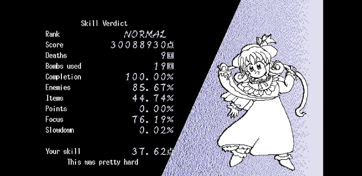 Rashed_Gd's tweet photo. Finally decided to try a pc98 game for the first time today &amp; I beat Touhou 4. Pretty fun game. Sometimes its rly hard to see the bullets coming cuz of their speed &amp; blending in with the colors of ur shots, the lack of a visible hitbox also wasnt as big of an issue as in touhou 6 https://t.co/WSrIAzoKPq