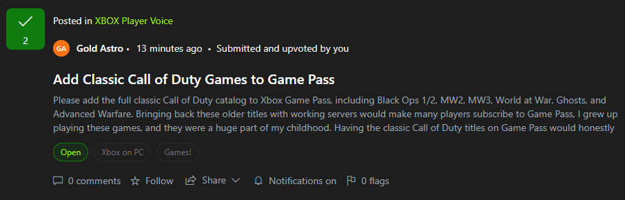 GuavaDemon's tweet photo. Please add the classic Call of Duty games to Game Pass. If you agree and want this too, help me out and let’s get this to the top of the upvotes

Check this out: https://t.co/XIzwD2cIJL

#COD #CallofDuty #Xbox @asha_shar https://t.co/wx5jZG8qnc