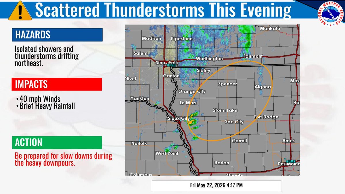 Scattered showers and thunderstorms will drift northeast this evening ...