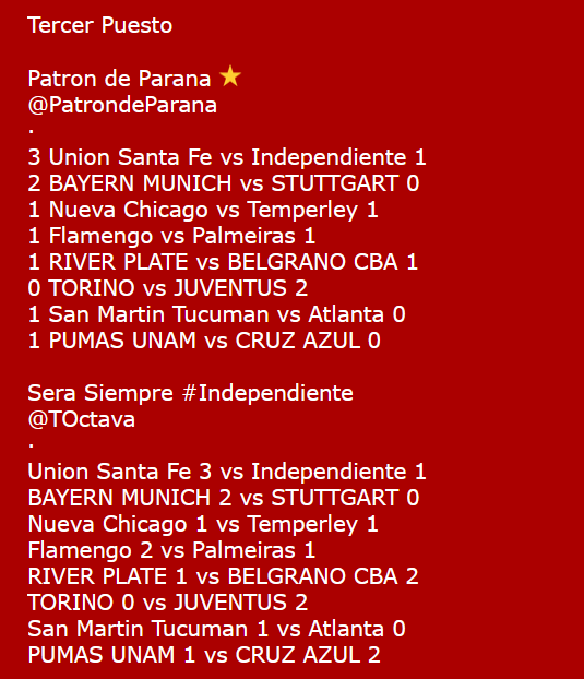 kunfantaforo's tweet photo. #MiniPRODE GRAN FINAL y Tercer Puesto 👻
DEJO LAS BOLETAS DE LA GRAN FINAL y el Tercer Puesto del #MiniPRODE APERTURA 26 y que gane el mejor!! 🏆
FINAL
@JAgustinnd713 vs @Endiablado84
Tercer Puesto
@TOctava vs @PatrondeParana https://t.co/dtIPBBJuMB