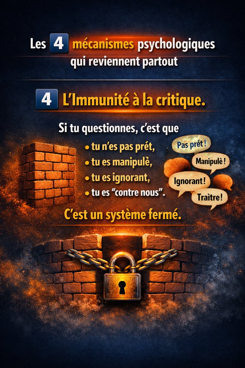 BrieDenNico's tweet photo. Les 4⃣ mécanismes psychologiques qui reviennent partout.
4⃣ L’immunité à la critique.
🧱 Si tu questionnes, c’est que tu n’es pas prêt, tu es manipulé, tu es ignorant, tu es “contre nous”. 
🔒 C’est un système fermé. https://t.co/EzllZFTVrk